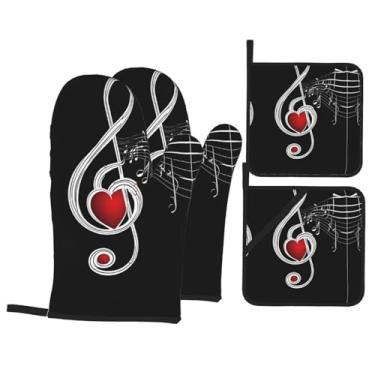 Imagem de Music - Conjunto de luvas de cozinha estampadas com suportes de tampa, luvas de forno resistentes ao calor para manusear panelas quentes, grelhar, churrascos, kit de 4 peças.