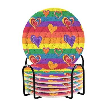 Imagem de Wassud Porta-copos de bebida com suporte conjunto de porta-copos de tecido absorvente de coração arco-íris para decoração de casa, proteção de mesa, 6 peças