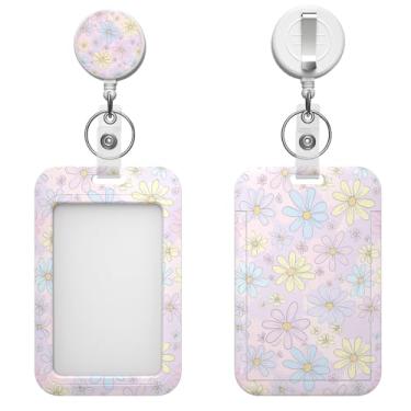 Imagem de Porta-crachá retrátil com clipe de mosquetão e chaveiro, várias opções de padrões, bonito e moderno (margarida base rosa)