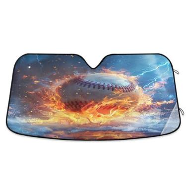 Imagem de Qilmy Baseball in Water and Fire Car Windshield Sun Shade, protetor de viseira dobrável mantém a frescura bloqueia raios UV e acessórios para proteger carros, SUVs, caminhões-M355