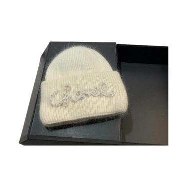 Imagem de Gorro De Inverno Feminino Quente De Tricô Com Pérolas E Pelo De Coelho