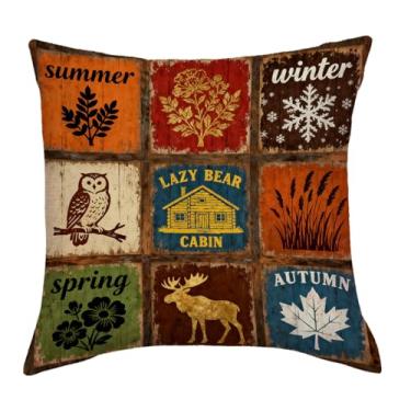 Imagem de Capa de almofada rústica para cabine 45,7 x 45,7 cm, tema da natureza, floresta, alce, coruja floral, floco de neve, sazonal, aventuras ao ar livre, fronhas decorativas para decoração de cabana e sala