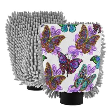 Imagem de STAYTOP Lindas luvas de lavagem de carro borboleta estilo mandala, 2 peças, luvas de microfibra de chenille, sem arranhões, panos de esponja de lavagem ultra absorventes para carros, limpeza doméstica