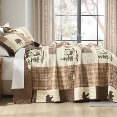 Imagem de Finlonte Conjunto de edredom tamanho Queen, 100% algodão, conjunto de edredom com 3 peças, xadrez e casa de fazenda para todas as estações (250 x 228 cm)