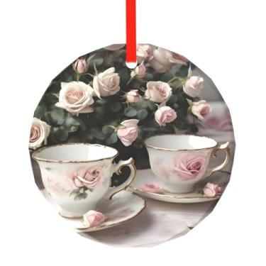 Imagem de Xícaras de chá com rosas românticas com estampa gasta pingente de vidro redondo requintado 7,9 cm decoração de árvore de Natal enfeites de Natal