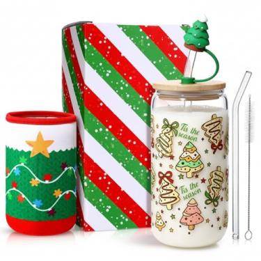 Imagem de LemonRoad Presentes de Natal para mulheres, copos de Natal com tampas e canudos com tampa de palha, caixa de presente, copo de café gelado de 473 ml, presentes de Natal a granel para aniversário, mãe