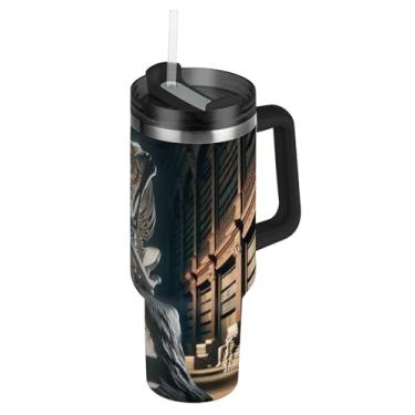 Imagem de Joisal Copo com alça de aço inoxidável de 1,134 g com tampa e garrafas de água rosa palha copo isolado para pensador de esqueleto quente e frio