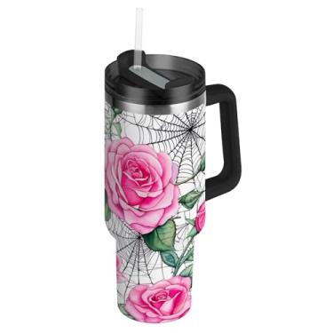 Imagem de Copos de aço inoxidável com tampas e canudos rosas rosas teias de aranha branco caneca de café quente para carros copo térmico de 850 g com alça garrafas de água isoladas