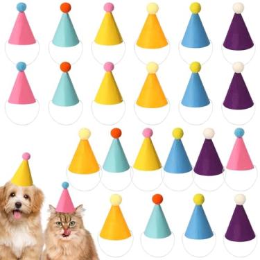 Imagem de Pacote com 24 mini chapéus de festa para animais de pelúcia, chapéus de festa de aniversário ajustáveis para gatos e filhotes com pompom e corda elástica, chapéu cone de feltro, várias cores, boneca