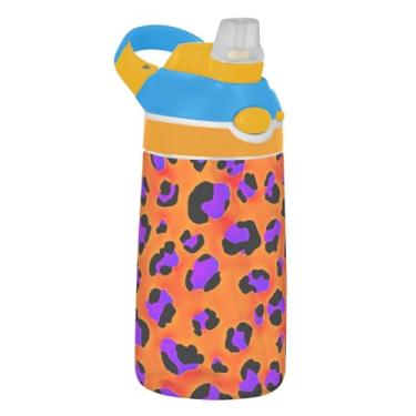 Imagem de Garrafa de água esportiva infantil laranja com estampa de leopardo roxo para escola, 473 ml, 473 ml, garrafa de água Tritan com canudo, copo infantil portátil à prova de vazamento, alça de transporte