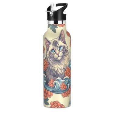Imagem de Joisal Garrafas de água infantis de aço inoxidável de 590 ml com tampa de palha, linda garrafa de água esportiva isolada com estampa Ragdoll com alça, copos infantis à prova de vazamento