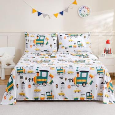 Imagem de ChicView Jogo de lençol completo infantil, 4 peças de lençóis de microfibra macia respirável para crianças, meninos, meninas, antibolinhas, bolsos profundos, fácil de cuidar, trem