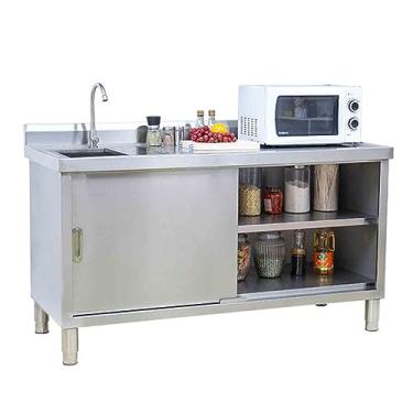 Imagem de Lavatório de lavanderia, pia de aço inoxidável de cozinha independente, armário de pia integrado, armário de pia de lavanderia com torneira e acessórios, lavatório multifuncional (145 cm/57 pol),