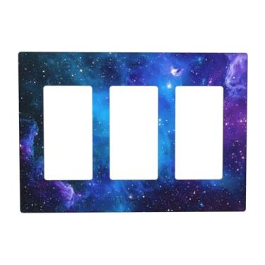 Imagem de TEIKKIOP Capa de interruptor de luz espacial galáxia planeta 3 gangues placa decorativa de parede para crianças meninos quarto interruptor de luz elétrico placa frontal capas de soquete para sala de