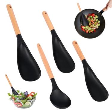 Imagem de 3/4 unidades de espátula de silicone com cabo de madeira resistente ao calor, colher de cozinha para assar, colher e misturar, espátula multifuncional para alimentos (preta, 4 peças)