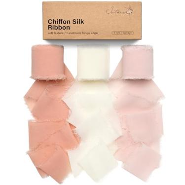 Imagem de Jutieuo Fita de chiffon rosa 3,8 cm x 3 rolos total 21 m rosa empoeirado/marfim/rosa claro fita de tecido de seda com franja feita à mão para embrulho de presente buquê de flores convite de casamento