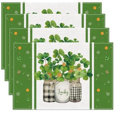 Imagem de Jogo americano do dia de São Patrício, conjunto de 4, jogo americano trevo verde trevo da sorte, estilo aquarela, folhas para decoração de primavera, cozinha, jantar, festa, decoração de mesa, tema