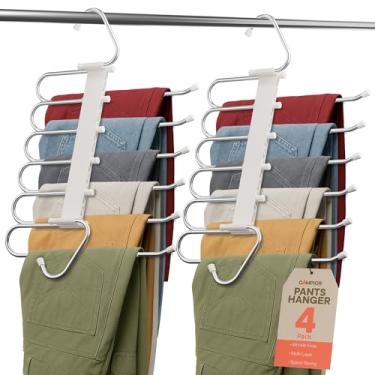 Imagem de Campior Pacote com 4 cabides para calças que economizam espaço, 6 camadas de jeans e organizador de armário para jeans, cachecóis e saias, cabide multicamadas com rolha antiderrapante, aço inoxidável