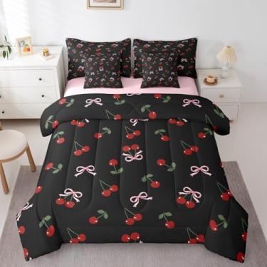 Imagem de Jogo de cama Queen com laço fofo de cereja, 7 peças, arco de aquarela, conjunto de cama de frutas de verão inclui edredom, conjunto de lençol, fronhas e fronhas de microfibra macia, respirável, laço