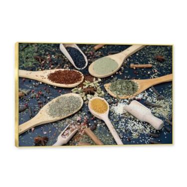 Imagem de Moldura dourada. Arte de parede em tela de especiarias coloridas e colher de tempero | Decoração de cozinha vintage | Arte moderna para casa e sala de jantar. C72. 30 x 45 cm-11,8 x 17,7 pol