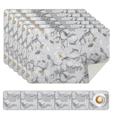 Imagem de comfoyar Jogo americano e porta-copos de couro PU, conjunto de 6, tapetes de mesa antiderrapantes resistentes ao calor de 30 x 45 cm, tapetes de mesa laváveis à prova d'água para decoração de mesa de