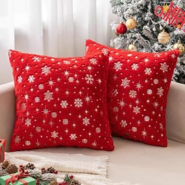 Imagem de MIULEE Conjunto de 2 capas de almofada decorativas de Natal de pele sintética macia de inverno com floco de neve prata glitter fronhas de inverno para sofá cama 61 x 61 cm, vermelho