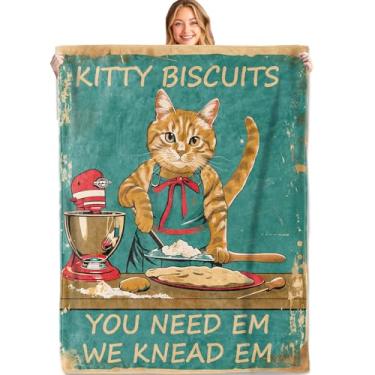 Imagem de MIEPOS Cobertor engraçado para gatos, 152 x 203 cm, flanela macia e leve, tema retrô de panificação, cobertores de gatinho laranja malhado, presentes para mulheres, para decoração de sala de estar em