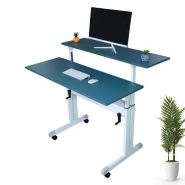 Imagem de Mesa Dupla Com Altura Regulável 70cm À 107cm Tampos Azul Escrivaninha Para Trabalho Home Office Escritório Corporativo Computador Gamer - Wp Connect (Branco)