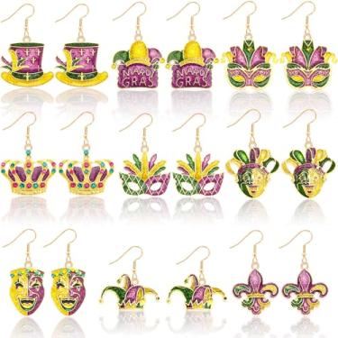 Imagem de AUGSUN 9 pares de brincos de carnaval, roxo verde amarelo esmaltado brincos pendentes para mulheres, joias de carnaval, presente de festival, acessórios para celebrações de terça-feira gorda, desfiles