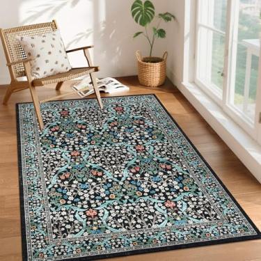 Imagem de GarveeHome Tapetes florais de 7 x 12 cm para entrada, tapete de cozinha lavável, antiderrapante, tapete baixo para quarto, ultramacio, resistente a manchas, pequeno tapete para lavanderia, preto