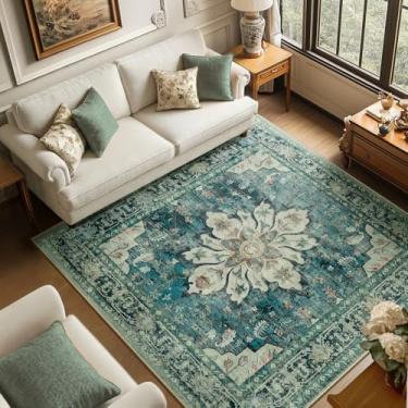 Imagem de RELEANY Tapetes quadrados de 1,8 m, lavável, antiderrapante, estampa floral, vintage, medalhão para sala de estar, quarto, sala de jantar, azul escuro vintage