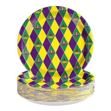 Imagem de 50 peças de pratos de papel carnaval de 25,4 cm grandes pratos de sobremesa xadrez coloridos descartáveis roxo amarelo verde diamante máscara suprimentos de festa para decoração de festa de carnaval
