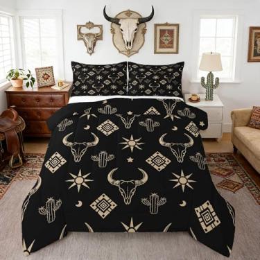 Imagem de Castle Fairy Southwest Conjunto de edredom King, 3 peças, desenho de vaca, caveira, cacto, para crianças, adolescentes e adultos, boho sol, tribal, asteca, quadriculado, edredom com 2 fronhas