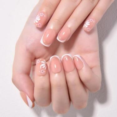 Imagem de Pregos curtos 3D French Press on Nails com design de flor, unha nude + cola brilhante de ponta branca nas unhas com kit, bastão de gel macio reutilizável em unhas falsas com desenhos de linha dourada