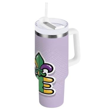 Imagem de Blueangle Copo isolado de carnaval de 850 g com alça e tampa de palha, caneca de viagem reutilizável de aço inoxidável (483)