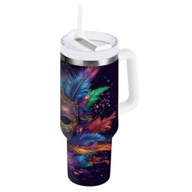 Imagem de Blueangle Copo isolado de máscara colorida de carnaval de 850 g com alça e tampa de palha, caneca de viagem reutilizável de aço inoxidável (138)
