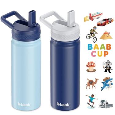 Imagem de baab Garrafa de água infantil de 590 ml, garrafa de água isolada com canudo e adesivos, copo de canudo infantil à prova de vazamento de aço inoxidável 18/8 para escola, perfeito para meninos e meninas