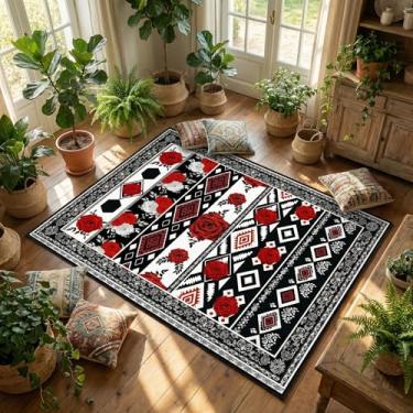 Imagem de CCoutueChen Rosesl Tapete de área 1,7 x 1,8 m, preto, branco, boêmio, asteca, geométrico, grande, para sala de estar, tapete lavável à máquina