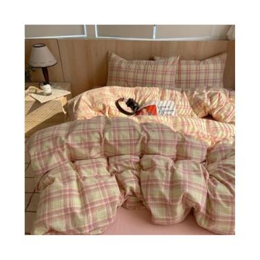 Imagem de Conjunto de capa de edredom quadriculada geométrica 3 peças de algodão lavado respirável (amarelo, 200 x 230 cm)