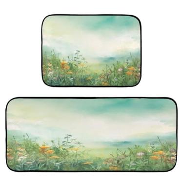 Imagem de xigua Conjunto de 2 peças de tapetes e tapetes de cozinha em aquarela verde absorvente macio para chão tapete de cozinha antiderrapante conjunto de capacho de cozinha, 50 x 120 cm + 50 x 70 cm
