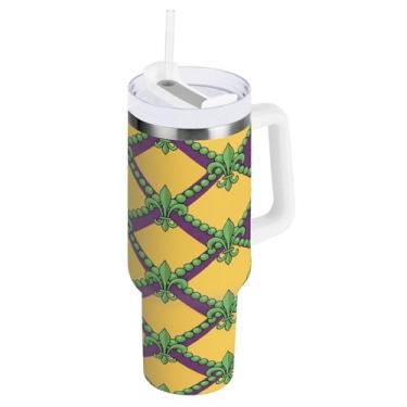 Imagem de Blueangle Copo isolado para Mardi Gras de 1,134 g com alça e tampa de palha, caneca de viagem reutilizável de aço inoxidável (461)