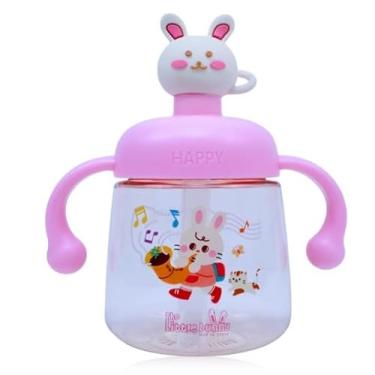 Imagem de Garrafa Infantil Plástica com Alça 350 ml – Copo de Treinamento com Tampa Divertida de Bichinhos – Colorido (COELHOROSA)