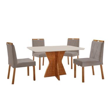 Imagem de Conjunto Sala De Jantar Mesa Madri 120x80cm Tampo Retângular Vidro Off White Com 4 Cadeiras Bela Veludo Cinza