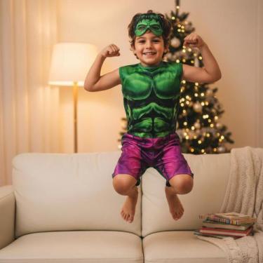 Imagem de Kit Infantil Fantasia Hulk GG Infantil Verde Personagem Marvel Fantasi