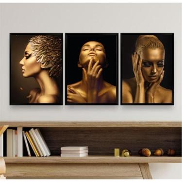 Imagem de Kit 3 Quadros Mulheres Douradas 24x18cm - Moldura Branca