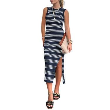 Imagem de Vestido PRETTYGARDEN de Verão Bodycon Midi Listrado Sem Mangas Tamanho