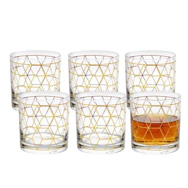 Imagem de Jogo 6 Copo De Whisky Vidro Baixo Para Drink Whiskey Uisque Detalhe Dourado Cube 320ml Wolff