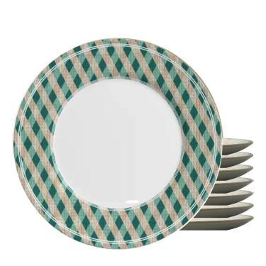 Imagem de Jogo 8 Pratos Raso Joy Natalino Natal Xadrez Verde E Branco Em Cerâmica Alleanza