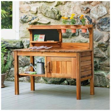 Imagem de Banco de jardinagem infantil externo Martha Stewart Kids Natural em madeira acácia com bancada extensível, nichos e acessórios