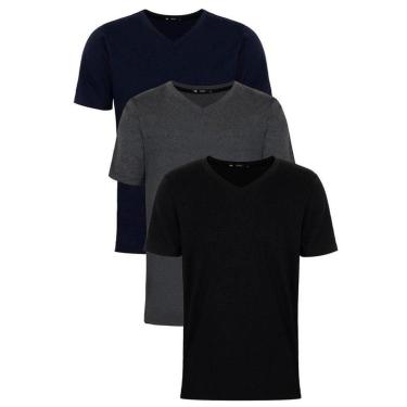 Imagem de Kit  3 Camisas Camisetas Slim Fit Masculina  Básica Gola V-Masculino